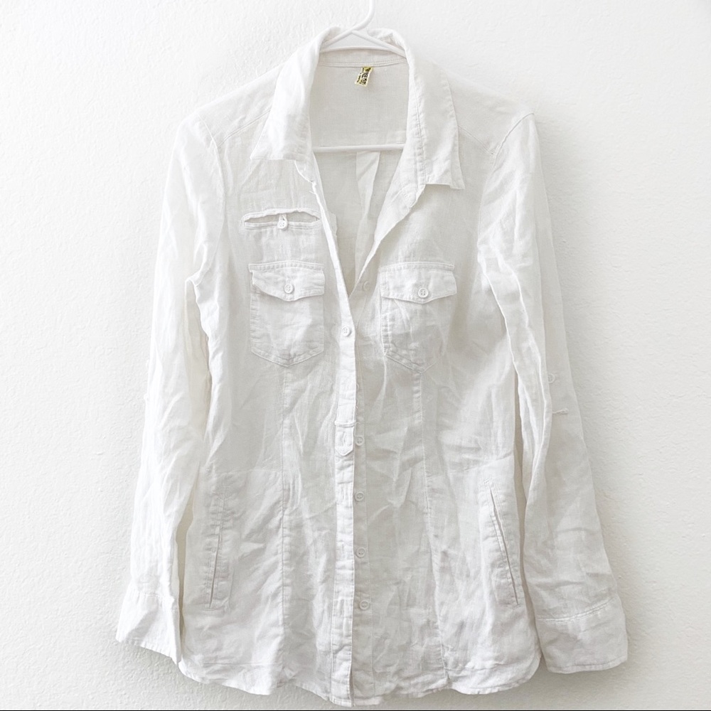 Free People | White Linen Blend Button Down Shirt